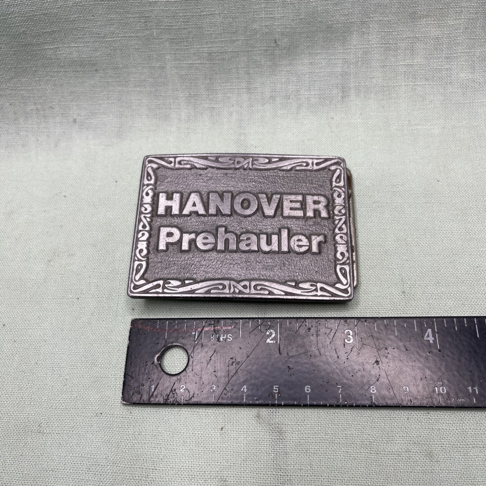 Vintage Hanover Prehauler Belt Buckle CD Hit Made USA Trucking Semi Pewter